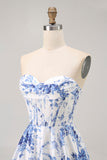 White Blue Flower A Line Strapless Corset Short Prom Dress