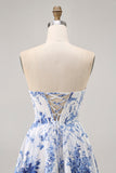 White Blue Flower A Line Strapless Corset Short Prom Dress