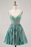 Metallic Satin Green A Line Spaghetti Straps Sequins Short Prom Dress