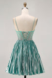 Metallic Satin Green A Line Spaghetti Straps Sequins Short Prom Dress