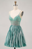 Metallic Satin Green A Line Spaghetti Straps Sequins Short Prom Dress