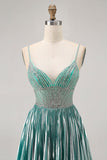 Metallic Satin Green A Line Spaghetti Straps Sequins Short Prom Dress