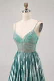 Metallic Satin Green A Line Spaghetti Straps Sequins Short Prom Dress