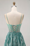 Metallic Satin Green A Line Spaghetti Straps Sequins Short Prom Dress