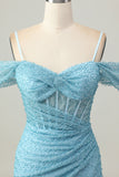 Blue Bodycon Cold Shoulder Corset Short Prom Dress with Slit
