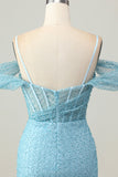 Blue Bodycon Cold Shoulder Corset Short Prom Dress with Slit