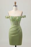 Green Off The Shoulder Corset Sequins Bodycon Cocktail Dress