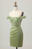 Green Off The Shoulder Corset Sequins Bodycon Cocktail Dress