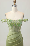 Green Off The Shoulder Corset Sequins Bodycon Cocktail Dress