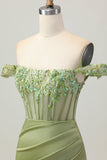 Green Off The Shoulder Corset Sequins Bodycon Cocktail Dress