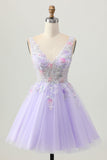 Beaded A Line Sequins Appliqued Lilac Short Prom Dress
