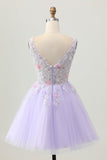 Beaded A Line Sequins Appliqued Lilac Short Prom Dress