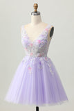 Beaded A Line Sequins Appliqued Lilac Short Prom Dress