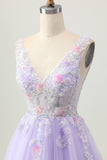 Beaded A Line Sequins Appliqued Lilac Short Prom Dress