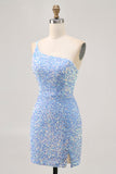 Sparkly Blue One Shoulder Tight Cocktail Dress with Slit