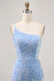 Sparkly Blue One Shoulder Tight Cocktail Dress with Slit