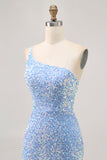 Sparkly Blue One Shoulder Tight Cocktail Dress with Slit