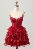 Sparkly Dark Red A-Line Tiered Corset Sequin Mini Cocktail Dress