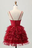 Sparkly Dark Red A-Line Tiered Corset Sequin Mini Cocktail Dress