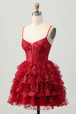 Sparkly Dark Red A-Line Tiered Corset Sequin Mini Cocktail Dress