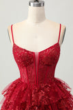 Sparkly Dark Red A-Line Tiered Corset Sequin Mini Cocktail Dress