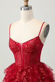 Sparkly Dark Red A-Line Tiered Corset Sequin Mini Cocktail Dress