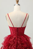 Sparkly Dark Red A-Line Tiered Corset Sequin Mini Cocktail Dress