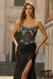 Black Strapless Sheer Corset Mermaid Beaded Long Prom Dress with Slit