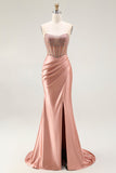 Blush Mermaid Sheer Corset Beaded Strapless Long Prom Dress With Slit