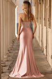 Blush Mermaid Sheer Corset Beaded Strapless Long Prom Dress With Slit