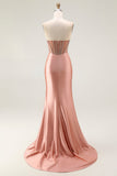 Blush Mermaid Sheer Corset Beaded Strapless Long Prom Dress With Slit