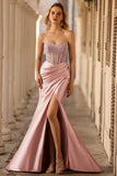 Blush Mermaid Sheer Corset Beaded Strapless Long Prom Dress With Slit