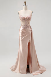 Champagne Mermaid Sheer Corset Beaded Side Streamer Long Prom Dress with Slit
