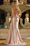 Champagne Mermaid Sheer Corset Beaded Side Streamer Long Prom Dress with Slit