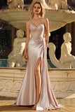 Champagne Mermaid Sheer Corset Beaded Side Streamer Long Prom Dress with Slit