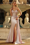 Champagne Mermaid Sheer Corset Beaded Side Streamer Long Prom Dress with Slit