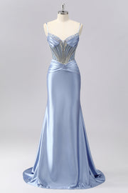 Sparkly Grey Blue Spaghetti Straps Mermaid Satin Prom Dress with Rhinestones