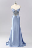 Sparkly Grey Blue Mermaid Ruched Corset Satin Long Prom Dress with Rhinestones