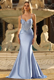 Sparkly Grey Blue Mermaid Ruched Corset Satin Long Prom Dress with Rhinestones