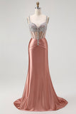 Mermaid Spaghetti Straps Corset Blush Long Prom Dress with Rhinestones