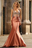 Mermaid Spaghetti Straps Corset Blush Long Prom Dress with Rhinestones