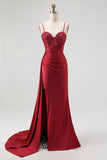Sparkly Burgundy Mermaid Corset Sequin Long Prom Dress with Beading