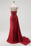 Sparkly Burgundy Mermaid Corset Sequin Long Prom Dress with Beading