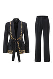 Black Leopard print Slim Fit 2-piece Women Suits