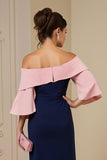 Off the Shoulder Navy Sheath Appliqued Midi Wedding Guest Dress with Slit