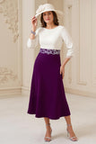 Navy A Line Bateau neck 3/4 Sleeve Midi Wedding Guest Dress with Appliques