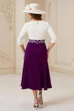 Navy A Line Bateau neck 3/4 Sleeve Midi Wedding Guest Dress with Appliques