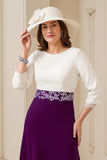 Navy A Line Bateau neck 3/4 Sleeve Midi Wedding Guest Dress with Appliques