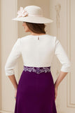 Navy A Line Bateau neck 3/4 Sleeve Midi Wedding Guest Dress with Appliques