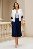Navy 2 Piece Stretch Satin A Line Wedding Guest Dress